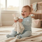 Doudou Bébé Fille Câlin Confiance - Peluche Sécurisante
Bébé jouant avec doudou à pois