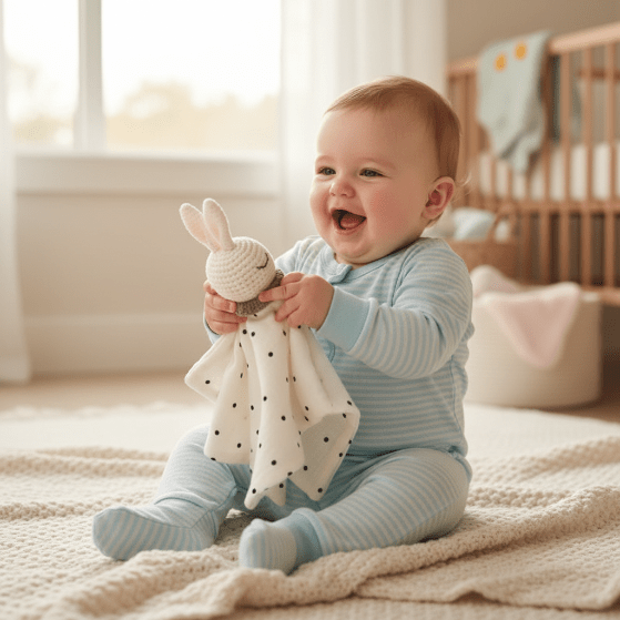 Doudou Bébé Fille Câlin Confiance - Peluche Sécurisante
Bébé jouant avec doudou à pois