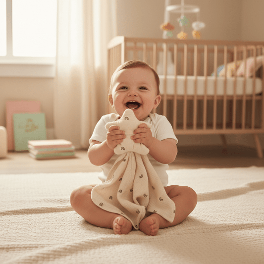  Doudou Bébé Câlin Doux Complice - Peluche Réconfortante
Bébé jouant avec doudou étoile beige