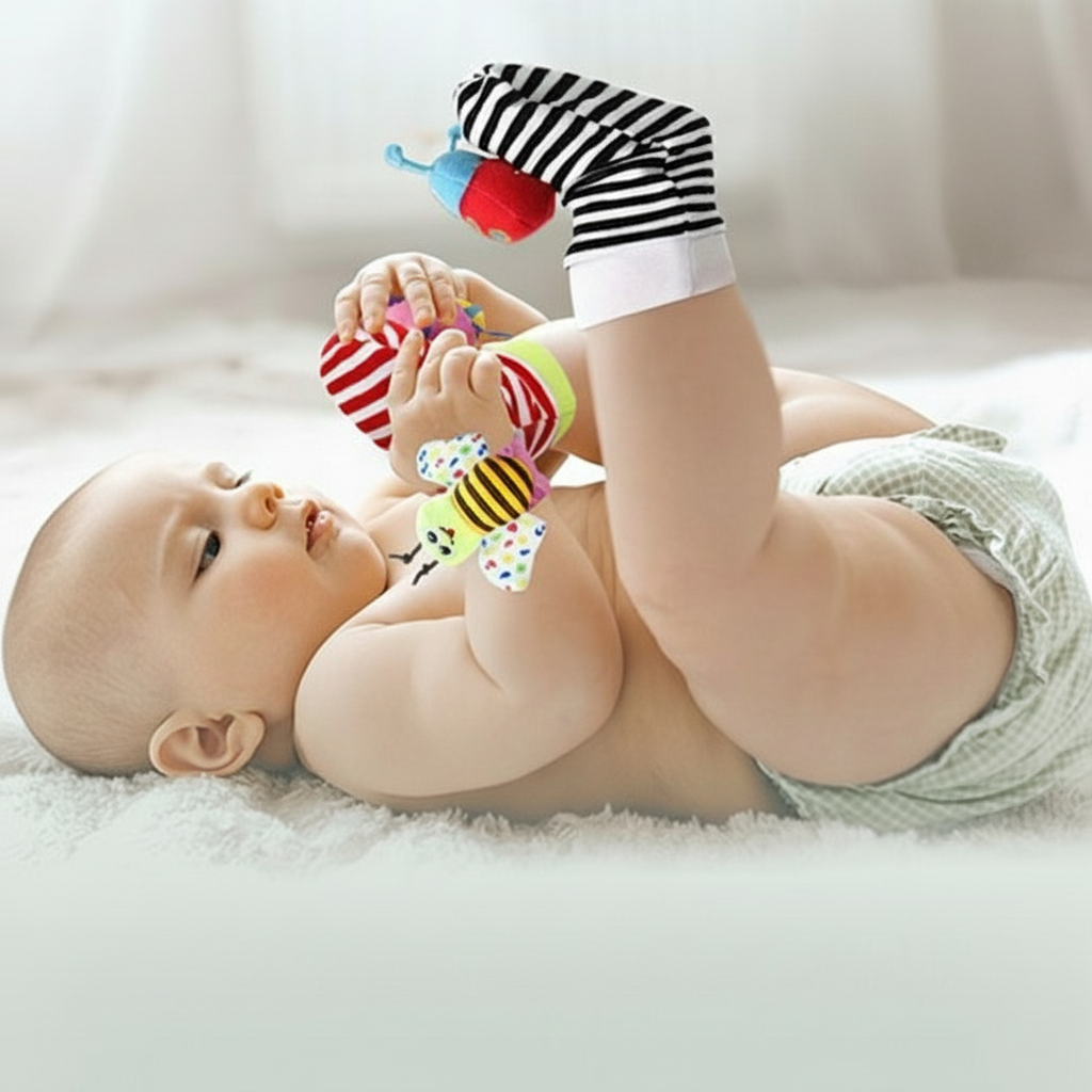 Bébé jouant avec hochets et chaussettes sensorielles