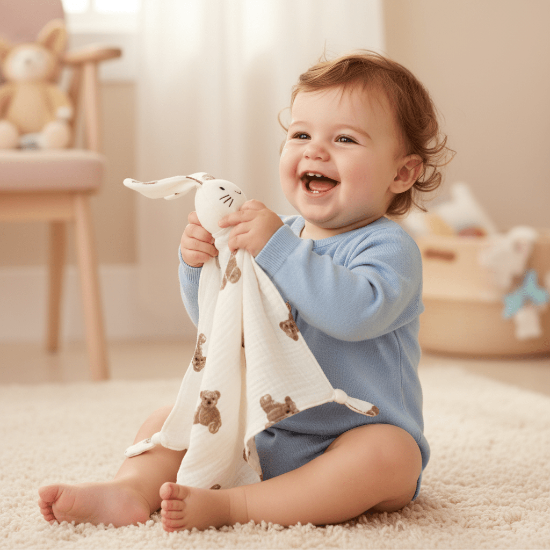  Doudou Bébé Câlin Nuit Sereine - Peluche Lapin Motifs
Bébé jouant avec le doudou