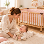 Bébé jouant sur un tapis près du lit avec tour de lit rose