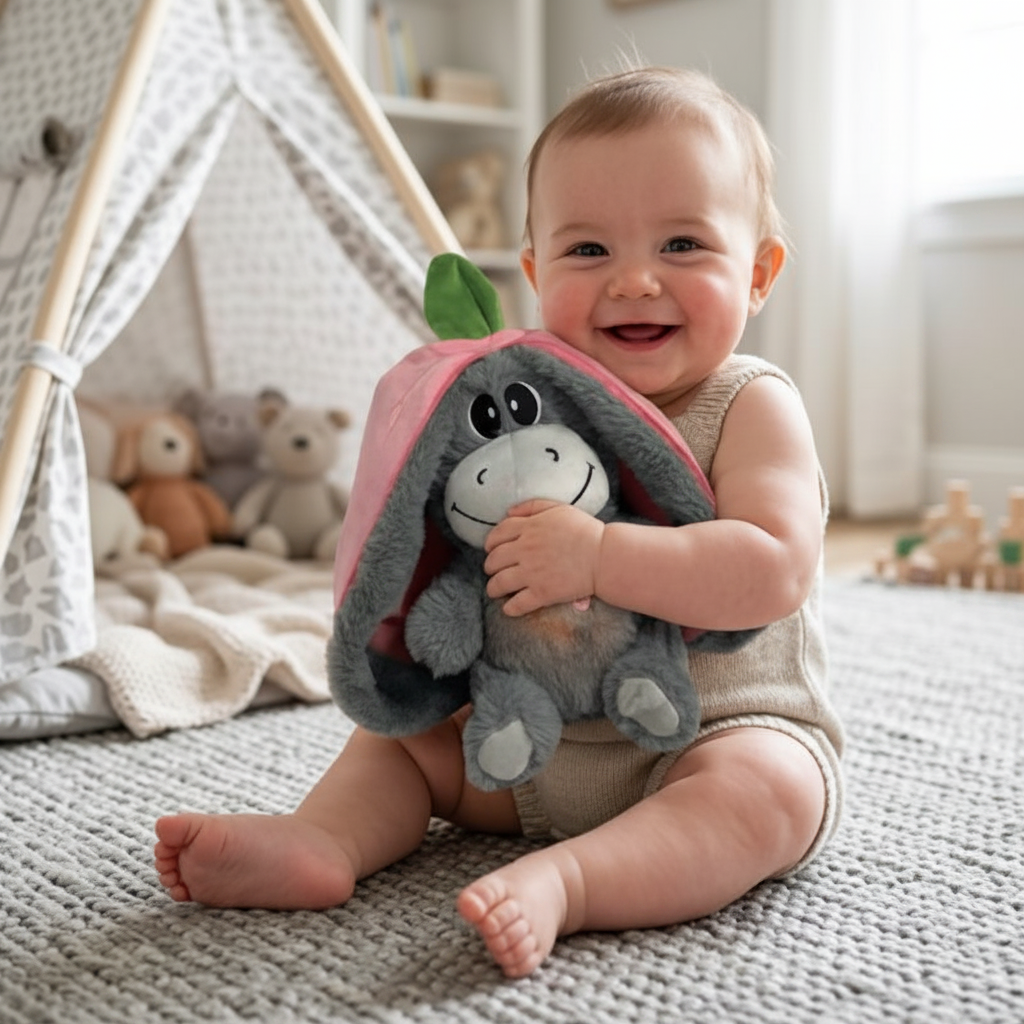 Peluche qui respire et Bébé joufflu tipi peluche âne rose