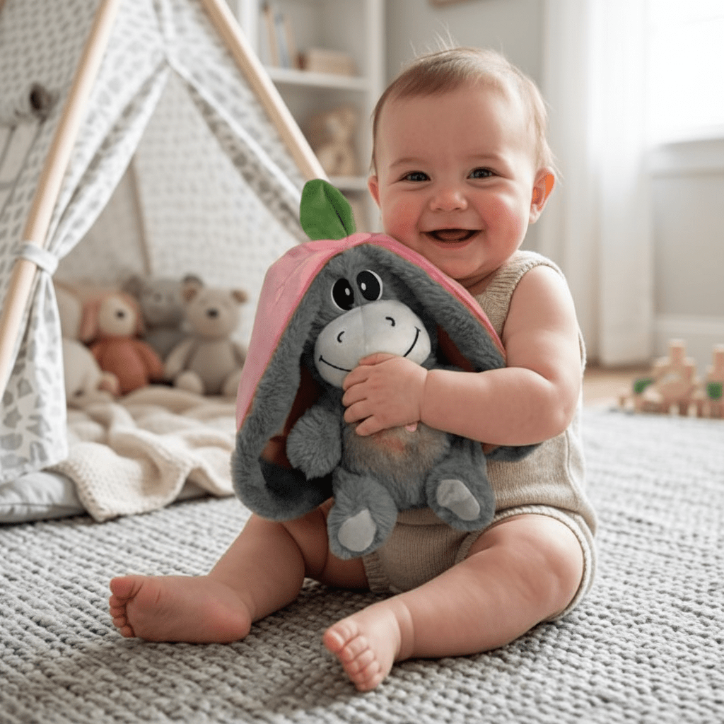 Peluche qui respire et Bébé joufflu tipi peluche âne rose