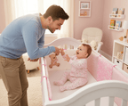 Contour de Lit Bébé joyeux dans son lit avec papa à l'extérieur
