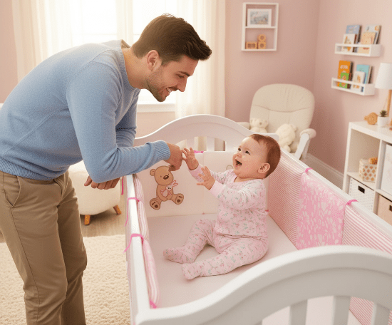 Contour de Lit Bébé joyeux dans son lit avec papa à l'extérieur