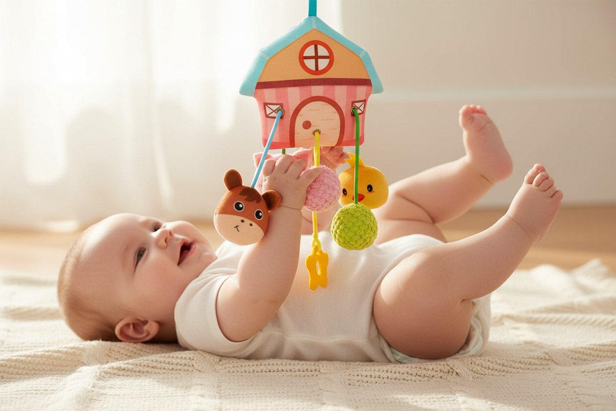 jeux d'éveil bébé 3 mois
Bébé pieds en l'air joue textures jouet ferme