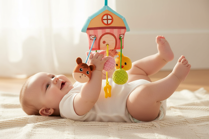 jeux d'éveil bébé 3 mois
Bébé pieds en l'air joue textures jouet ferme