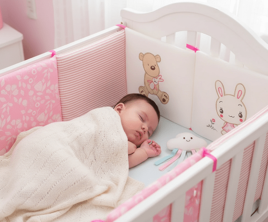 Contour de Lit Bébé qui dort avec couverture et hochet dans le lit avec contour rose