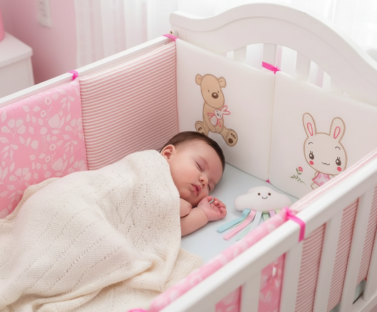 Contour de Lit Bébé qui dort avec couverture et hochet dans le lit avec contour rose