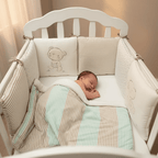 Contour de Lit Bébé qui dort paisiblement avec contour de lit beige et vert menthe