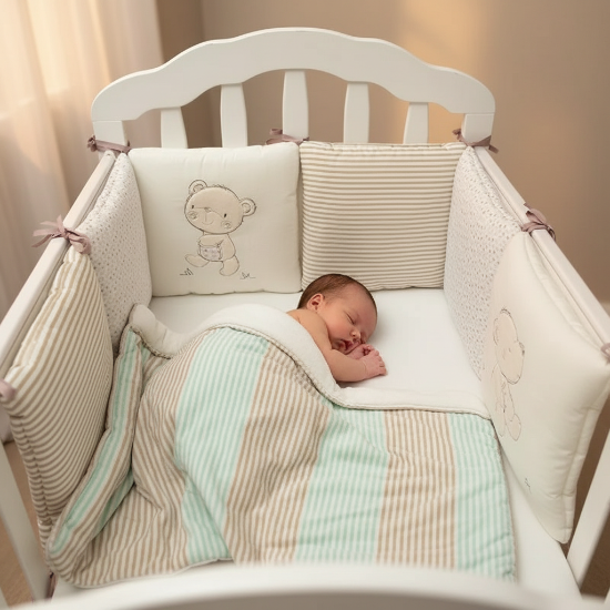 Contour de Lit Bébé qui dort paisiblement avec contour de lit beige et vert menthe