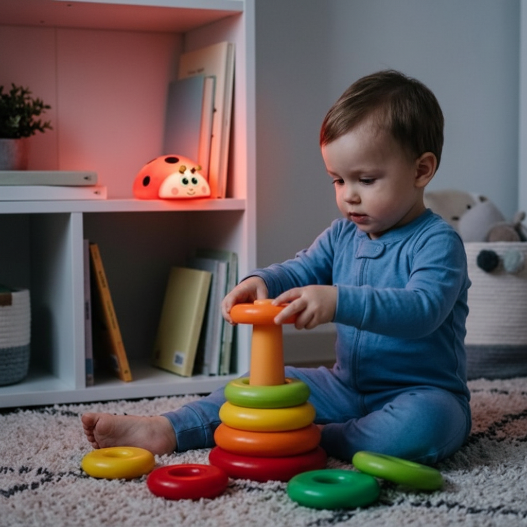 Bébé qui joue avec veilleuse en fond