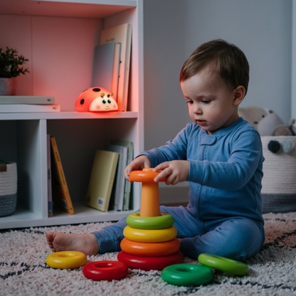 Bébé qui joue avec veilleuse en fond