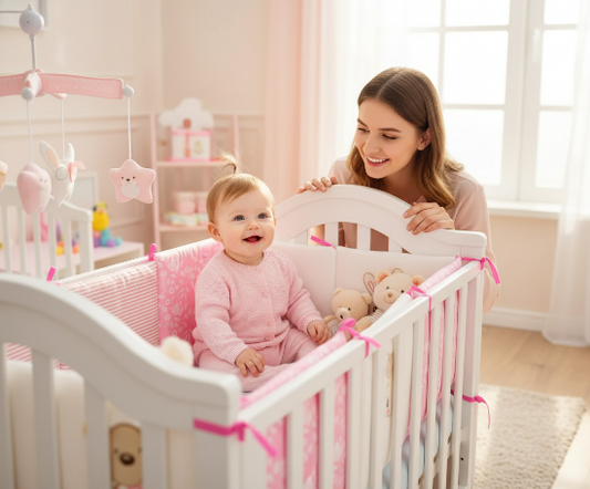 Contour de Lit Bébé souriant assis dans son lit avec maman