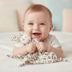  Doudou Bébé Câlin Nuit Sereine - Peluche Lapin Motifs
Bébé souriant avec le doudou