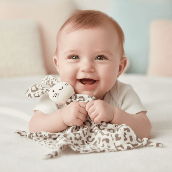 Doudou Bébé Câlin Nuit Sereine - Peluche Lapin Motifs
Bébé souriant avec le doudou