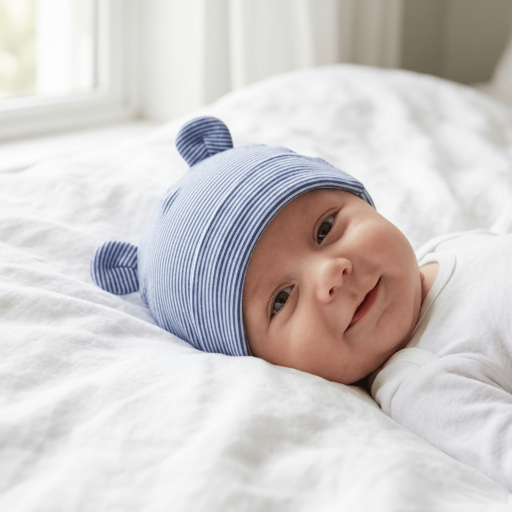 Bébé souriant bonnet rayé marine