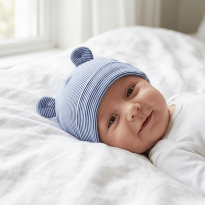 Bébé souriant bonnet rayé marine