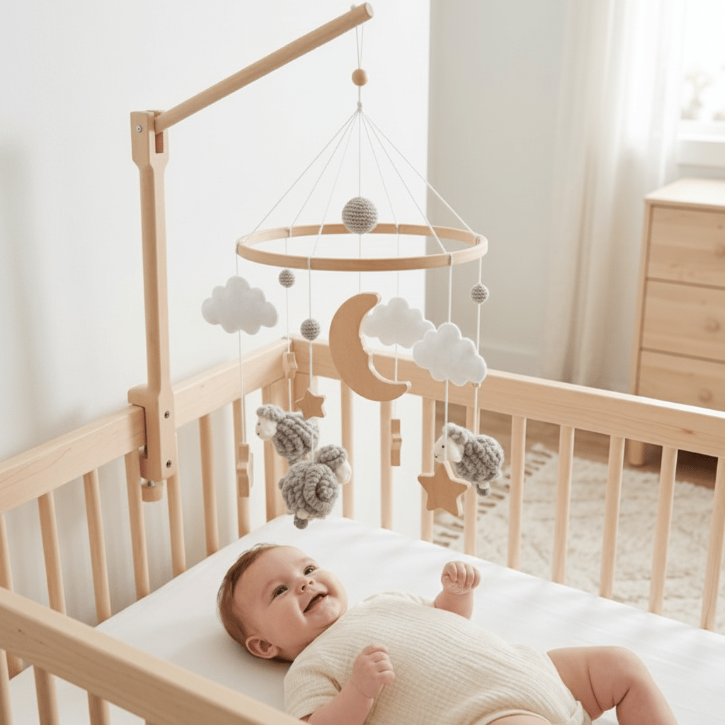 mobile en bois bebe et Bébé souriant mobile lune chambre blanche