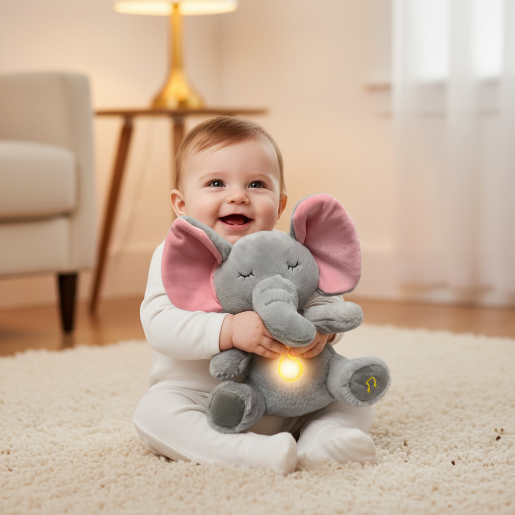 peluche bebe et petit Bébé souriant peluche éléphant lumineuse