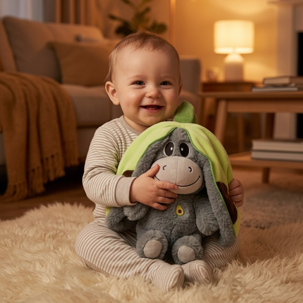 Peluche qui respire et Bébé souriant peluche âne verte