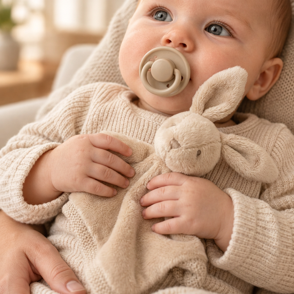 Bébé tenant un doudou lapin beige