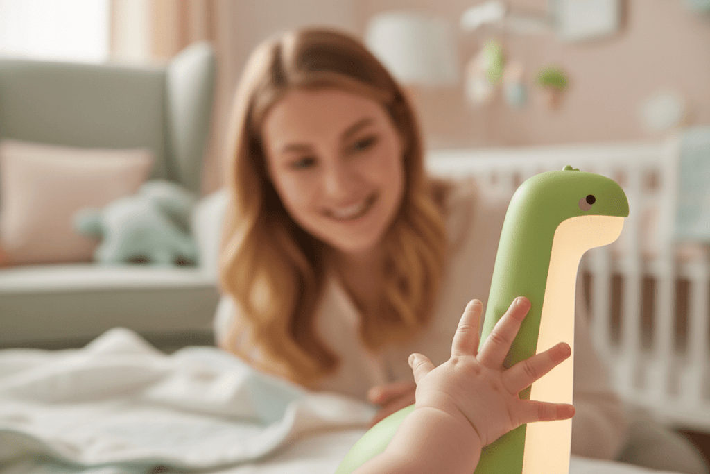 Bébé touchant la veilleuse dinosaure