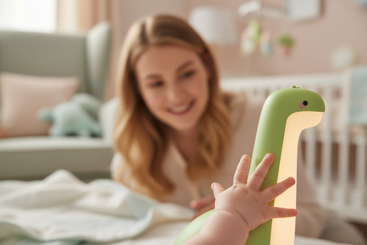 Bébé touchant la veilleuse dinosaure