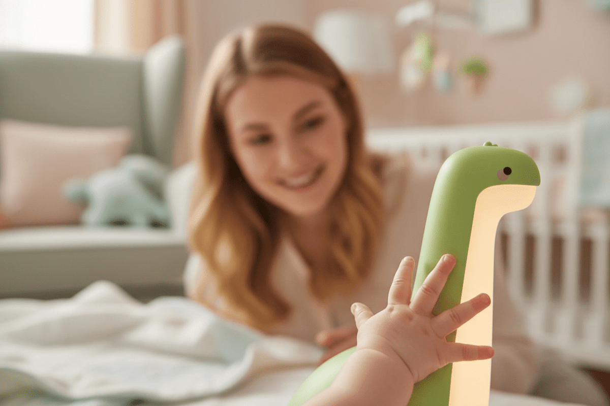 Bébé touchant la veilleuse dinosaure