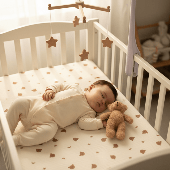 tour de lit ourson et Bébé toutou mobile – drap ourson lune