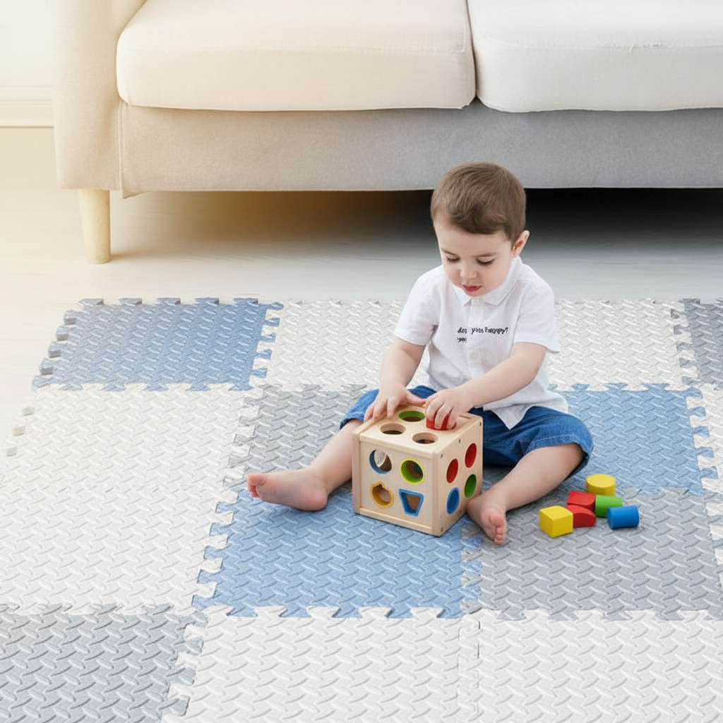 TAPIS D EVEIL BEBE GARCON blanc et Bleu Bambin garçon tapis bleu gris jouet bois