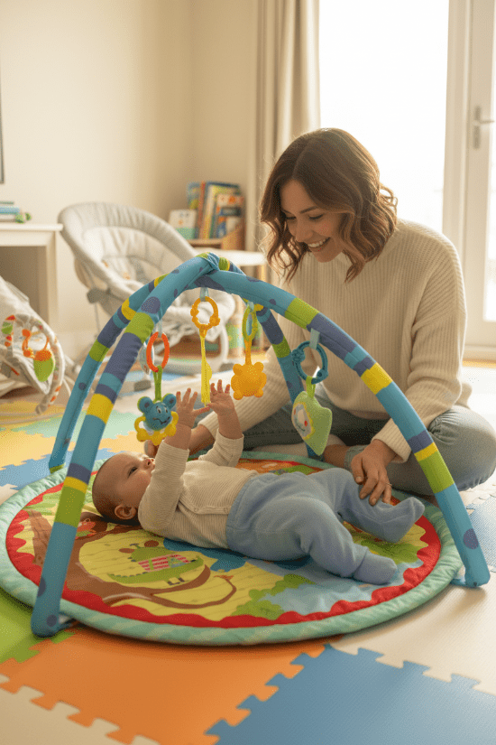 tapis d'eveil bebe Bleu éléphant maman assise