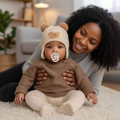 Bonnet bebe avec sa maman  pour combinaison bebe 