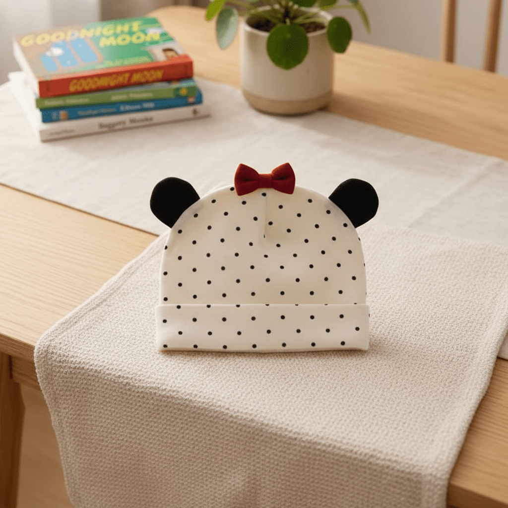 Bonnet bébé naissance Bonnet pois noirs 