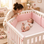 Chambre cosy avec tour de lit rose, bébé, maman, toutous et coussins