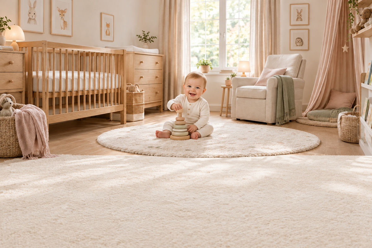 Chambre cosy scandinave avec un bébé qui joue et un espace clair en bas