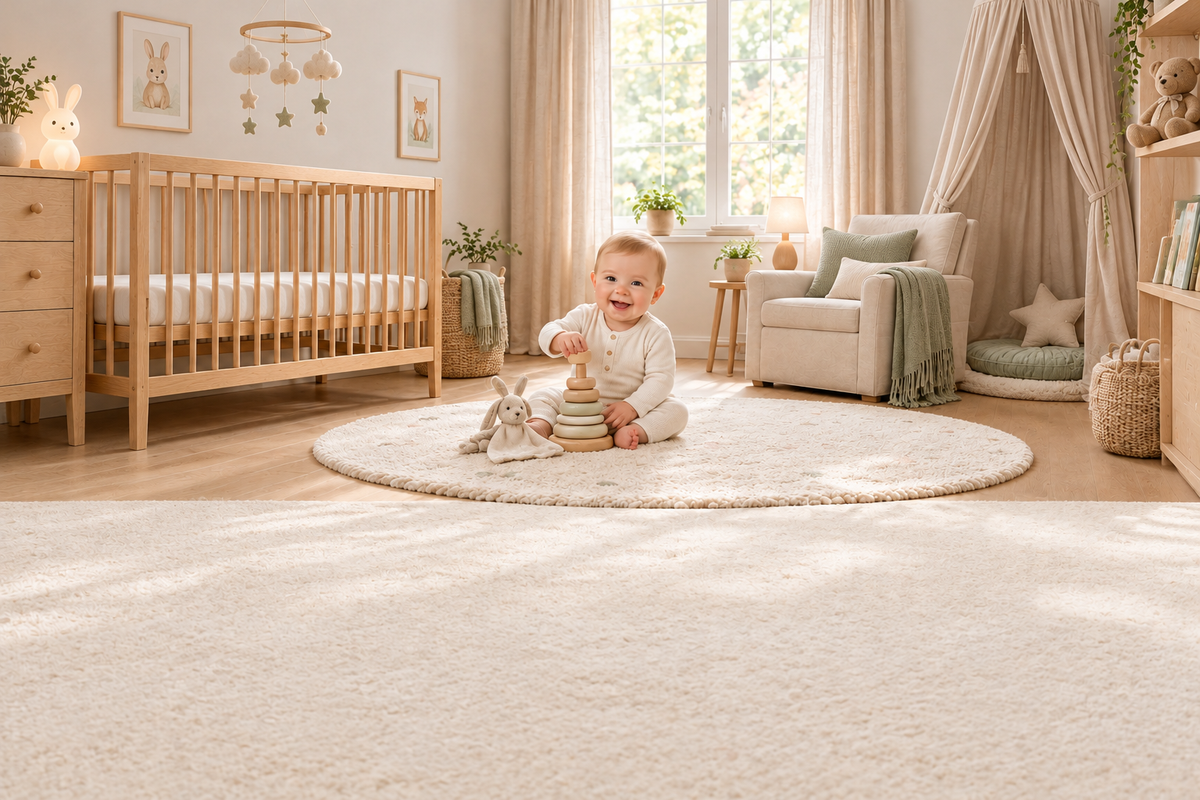 Chambre douce avec ciel de lit, mobile, peluche, doudou et veilleuse
