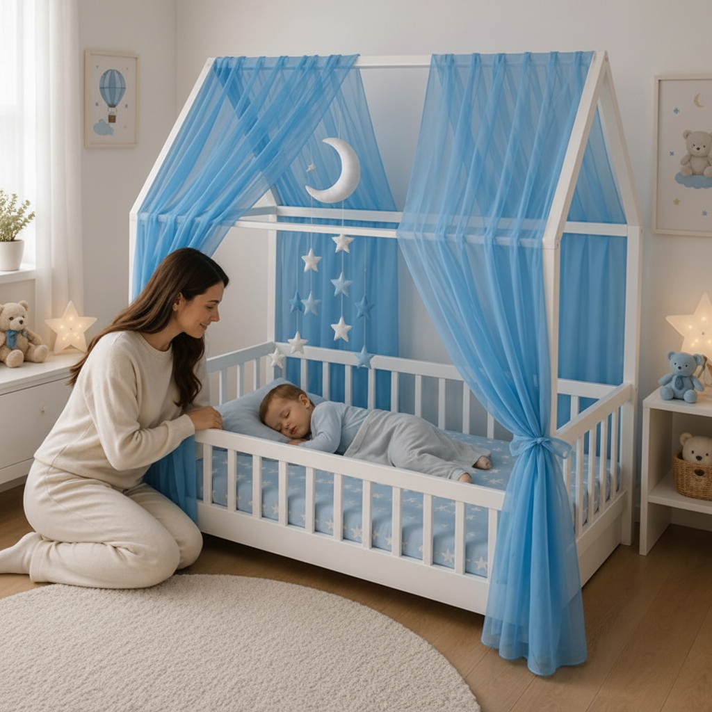Ciel de lit bleu maman bébé variante