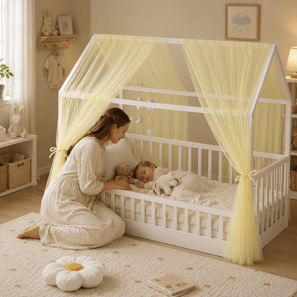 Ciel de lit jaune maman bambin variante