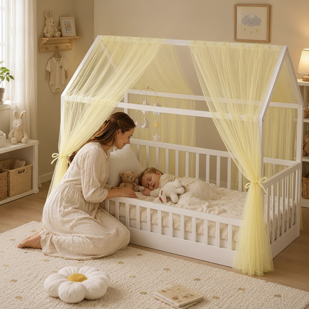 Ciel de lit jaune maman bambin variante