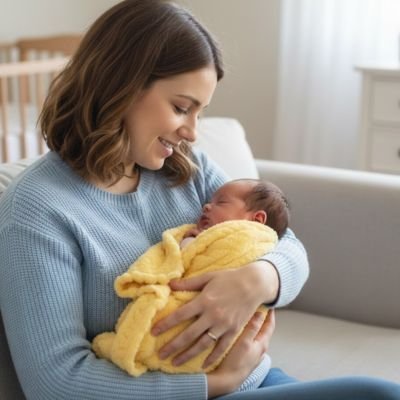 cocon d'emmaillotage jaune et maman attentionné 
