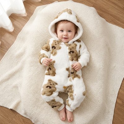 combinaison ourson bébé sur sa couverture
