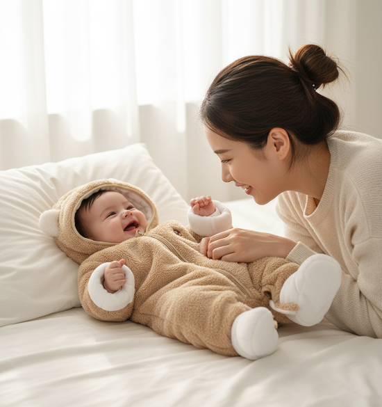 combinaison bebe ourson
Maman et bébé sur lit avec combinaison beige