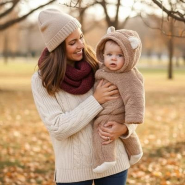 combinaison ourson bébé petit Bébé seul en combinaison nounours taupe dans un décor automnal combinaison nounours bébé​ en auomne 