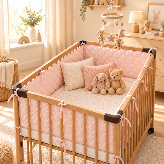 Couchette vide décorée de coussins et de toutous, avec tour de lit rose