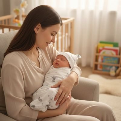 couverture pour emmailloter maman qui sourit en regardant bebe 