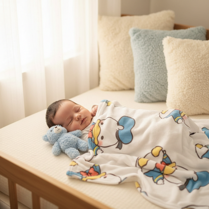 couverture Bébé endormi avec couverture petits canards doudou et coussins