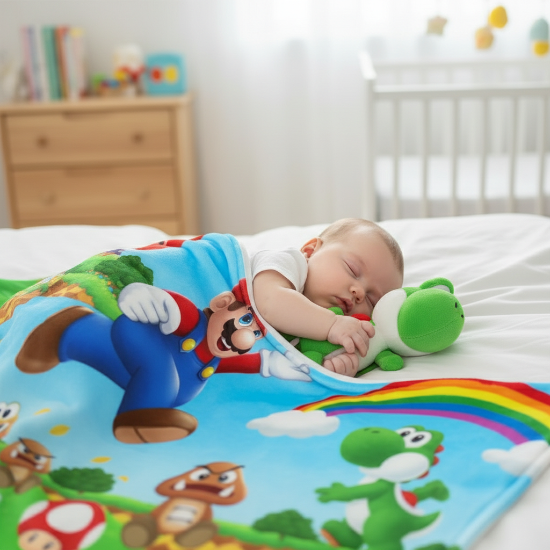 couverture Bébé endormi avec doudou sous couverture petit Mario