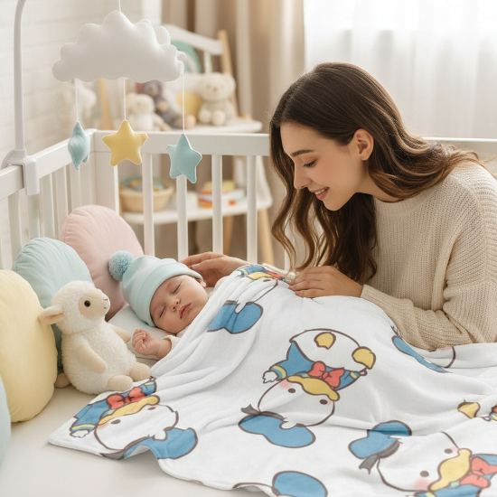 couverture bébé Maman et bébé avec mobile, couverture petits canards